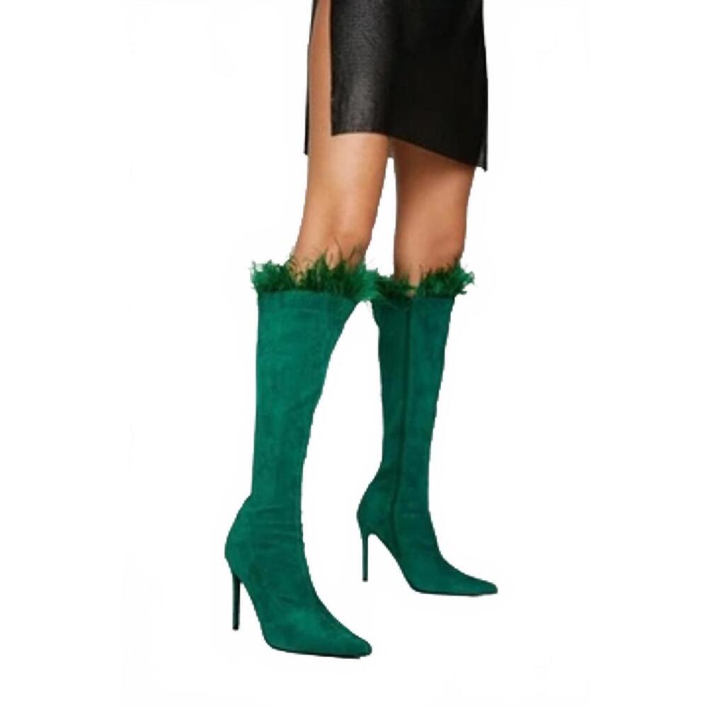 Green Feather Trim Knee High Boots
